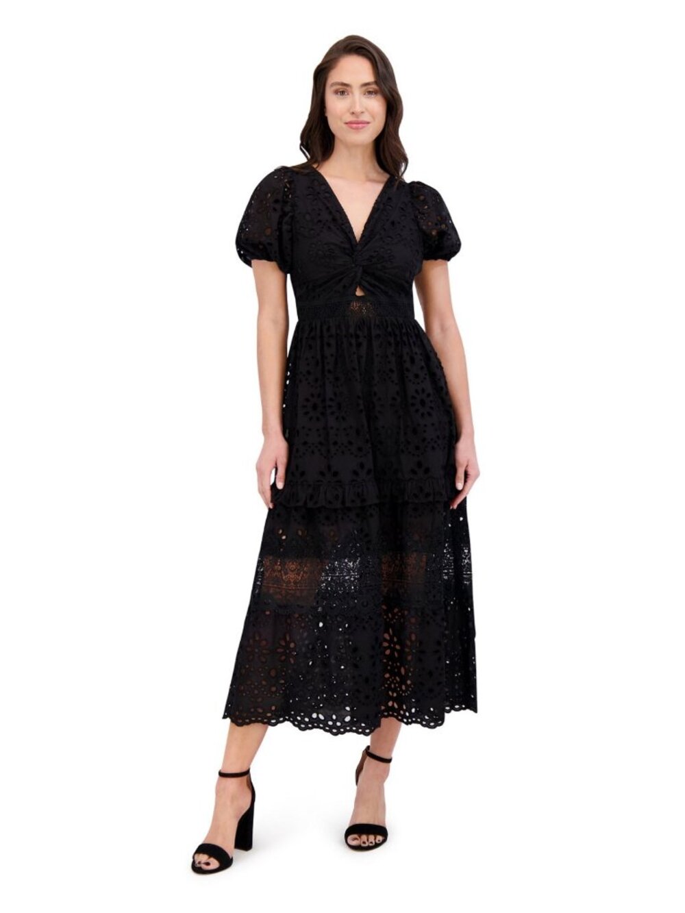 Siena Black Eyelet Midi Dress With Puff Sleeves & Tie Back -